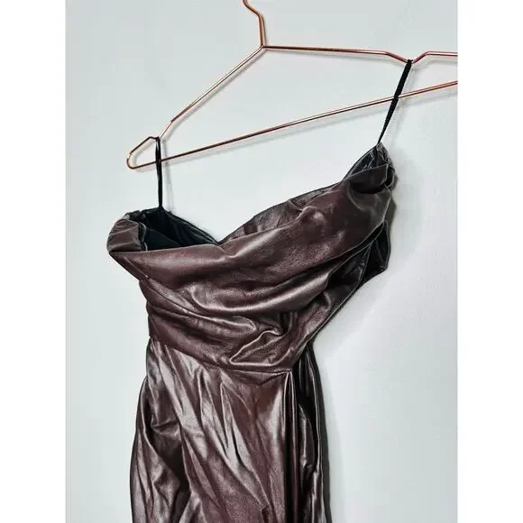 A.L.C. Brown Faux Leather Sleeveless Strapless Ruched Side Cutout Andie Dress 8 - Picture 7 of 16